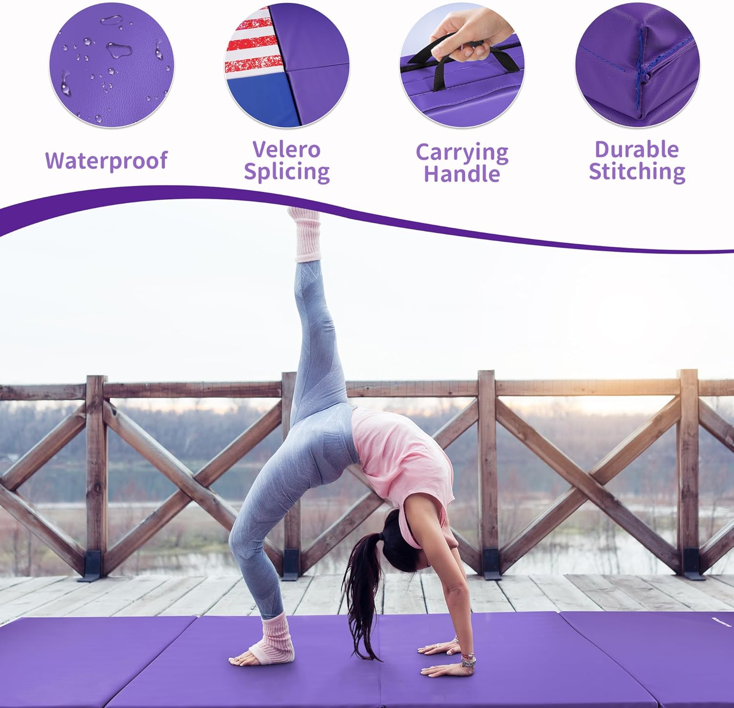 Folding Gymnastics Mat 8'×4'×2" – Thick Tumbling & Wrestling Mat for Kids & Adults, Foldable Exercise Pad with Handles, Waterproof PU Surface