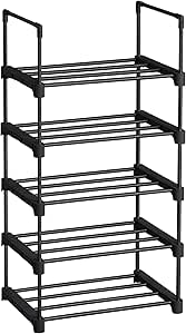 SONGMICS Estante Zapatero, Estante para Zapatos, 5 Niveles, Metal, Apilable, Ahorra Espacio, Almacenaje Zapato, Multifuncional, para el Pasillo, Dormitorio, Sala de Estar, Negro LSA005B02