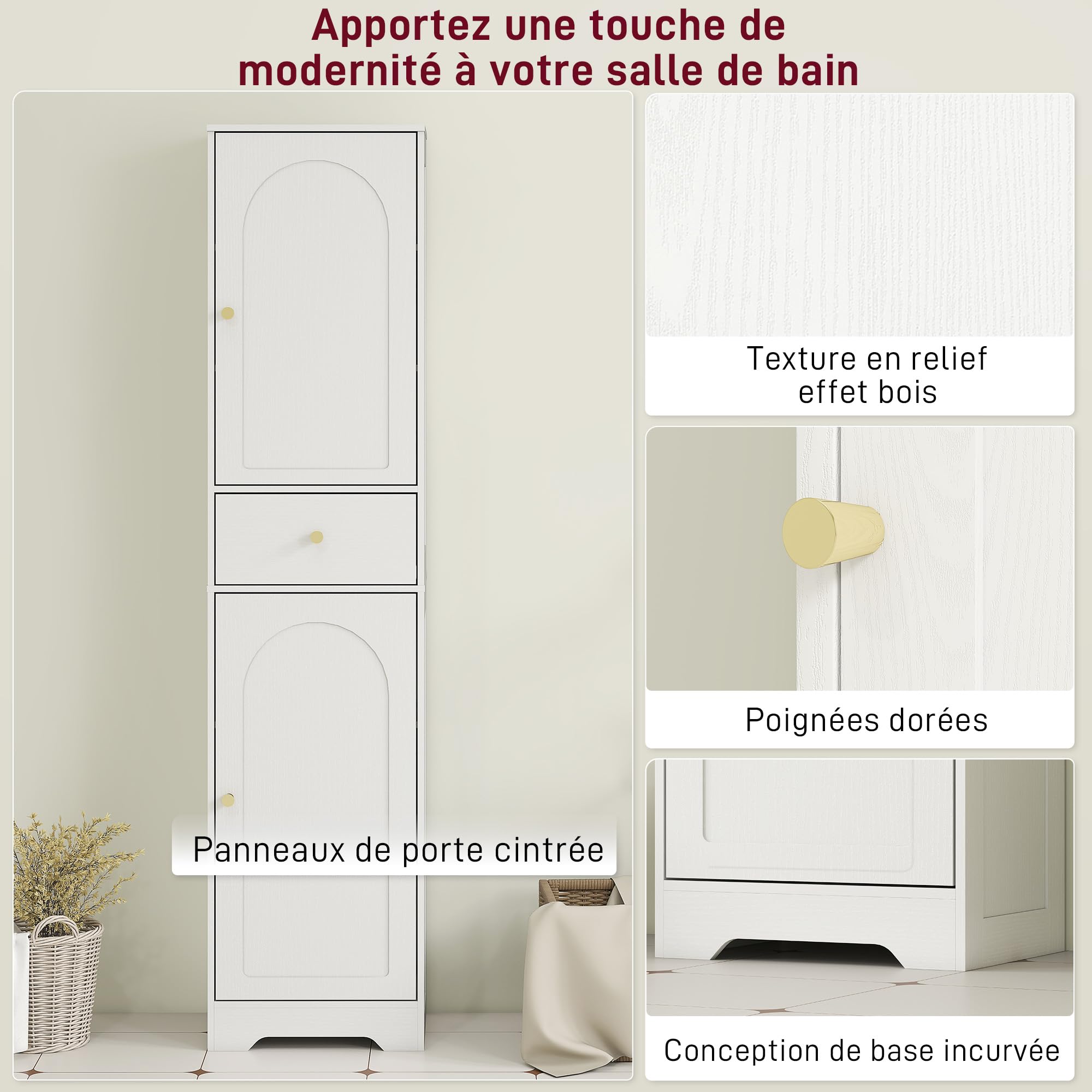 HOMCOM Armoire Salle de Bain Haute Placards Colonne 40x29,5x170 cm Blanc