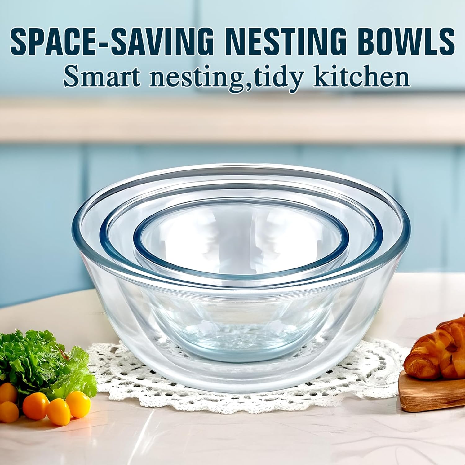 Glass Mixing Bowls with Lids Set(4.5QT, 2.7QT, 1.1QT),Glass Bowls with Lids Large Mixing Bowl Salad Bowls Space-Saving Nesting bowls Serving bowls Storage Container for Cooking,Baking,Prepping