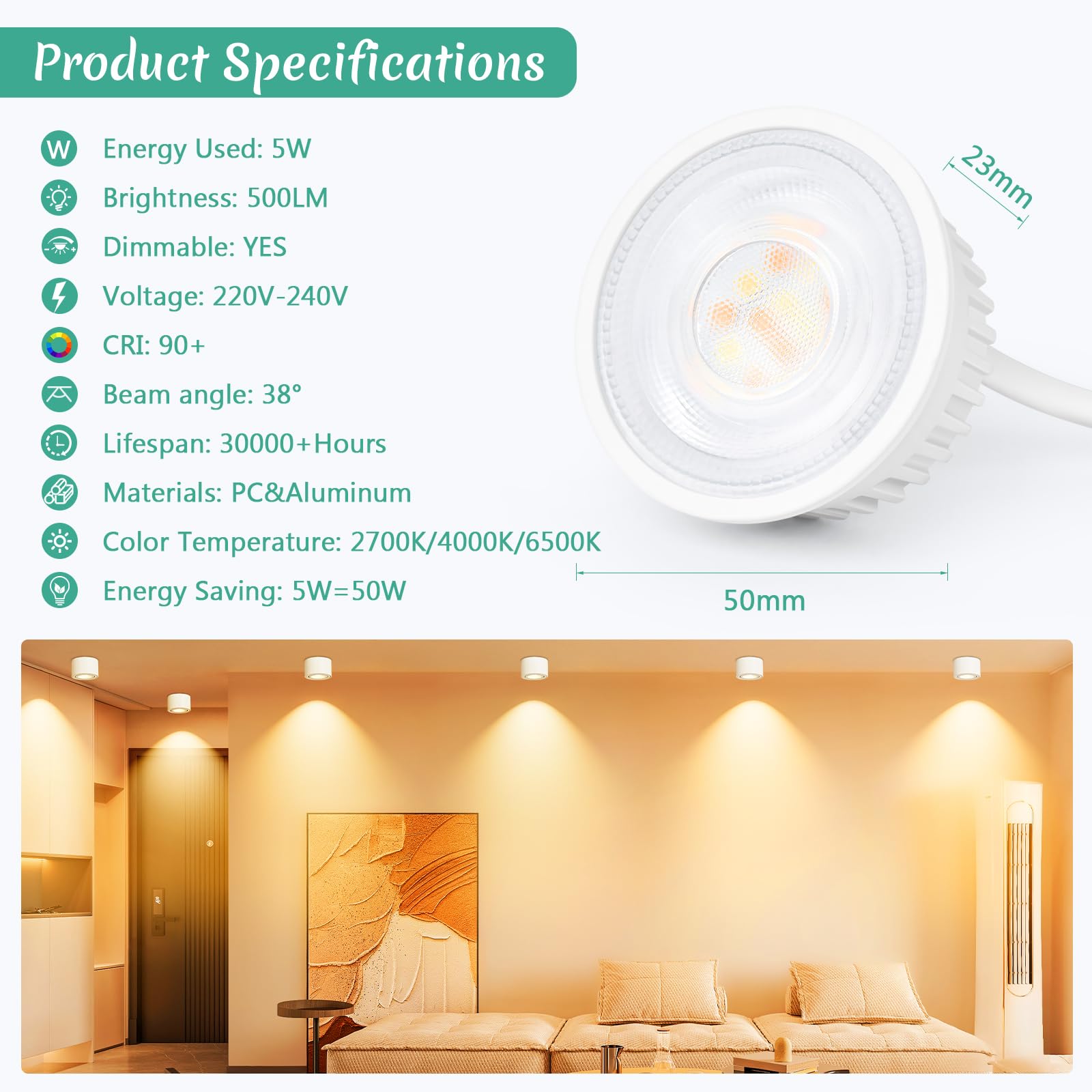 GeyouLux LED Module 230V Ultraplat ø50x23mm Pour Spot Encastrable - 5W 500LM IP44 Angle de Rayonnement 38° Blanc Chaud Blanc Naturel Froid Dimmable - Ampoule de Remplacement MR16/GU10 - Lot de 10
