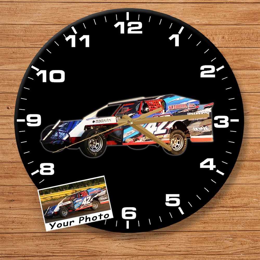 Personalized Photo Wall Clock for Dirt Late Model Lovers, 12 Inch Wooden Clock,Dirt Track Racing Gifts for Men,Dirt Track Racing Accessories, Dirt Track Racing Decor (Acrylic)