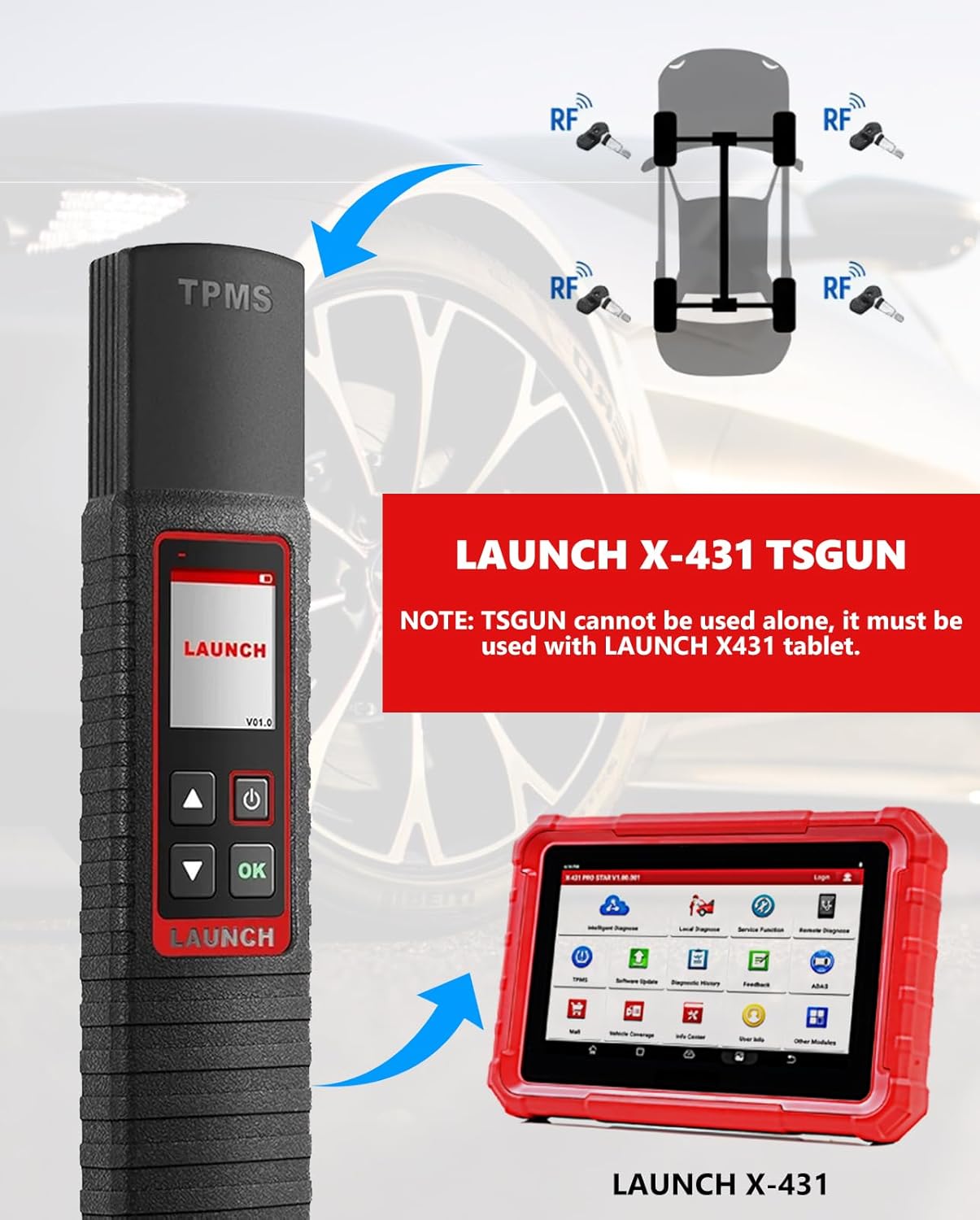 LAUNCH X-431 TSGUN Handheld TPMS Service Tool Work with X-431 Diagnostic Scanner [Note: Can't Work Alone] Supports All 315/433MHz Sensors