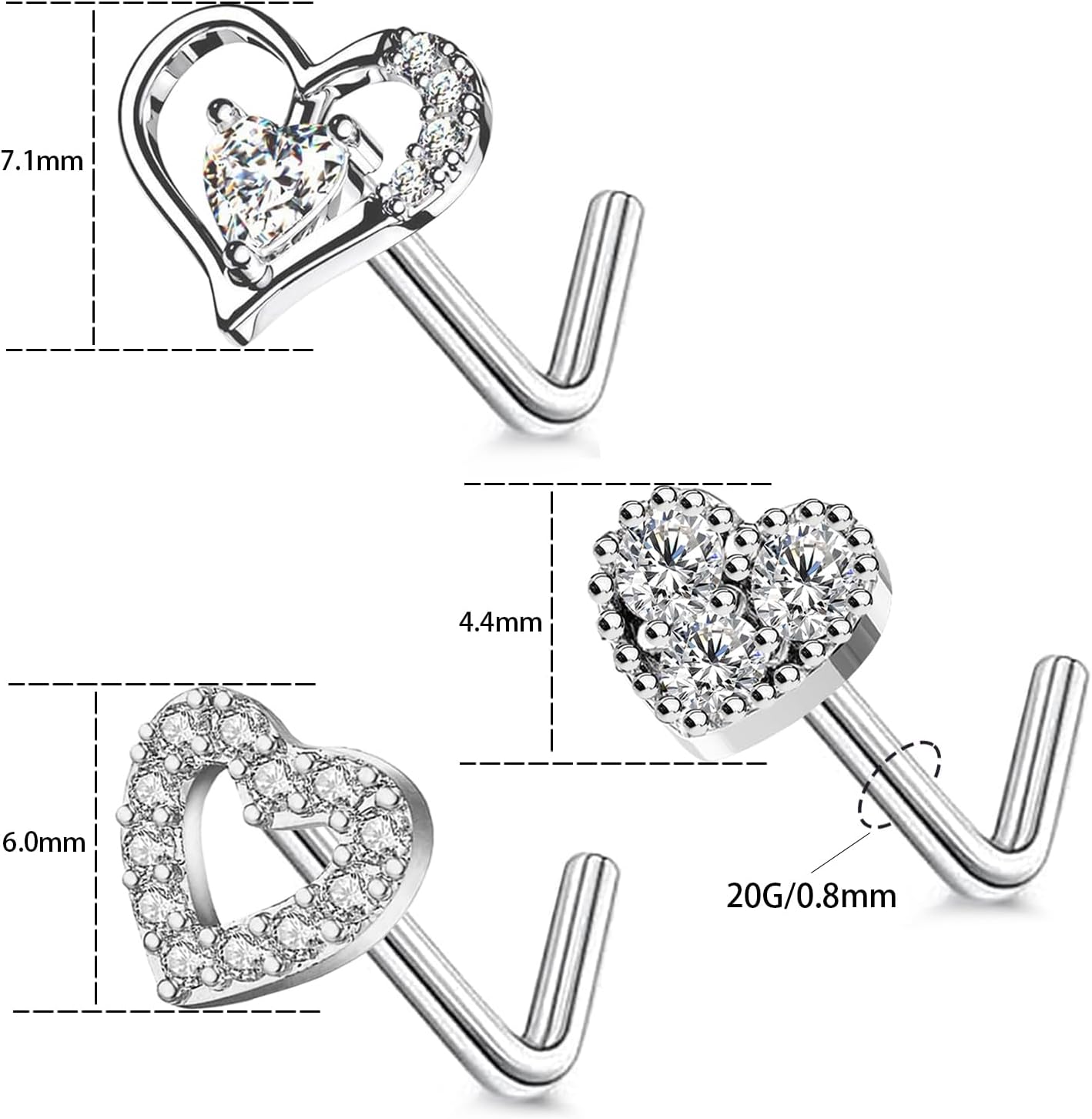 3Pcs 20G Heart Nose Rings 316L Stainless Steel L Shaped CZ Nose Studs Nose Rings Nose Piercing Jewelry for WoLaseredmen Men - Image 6