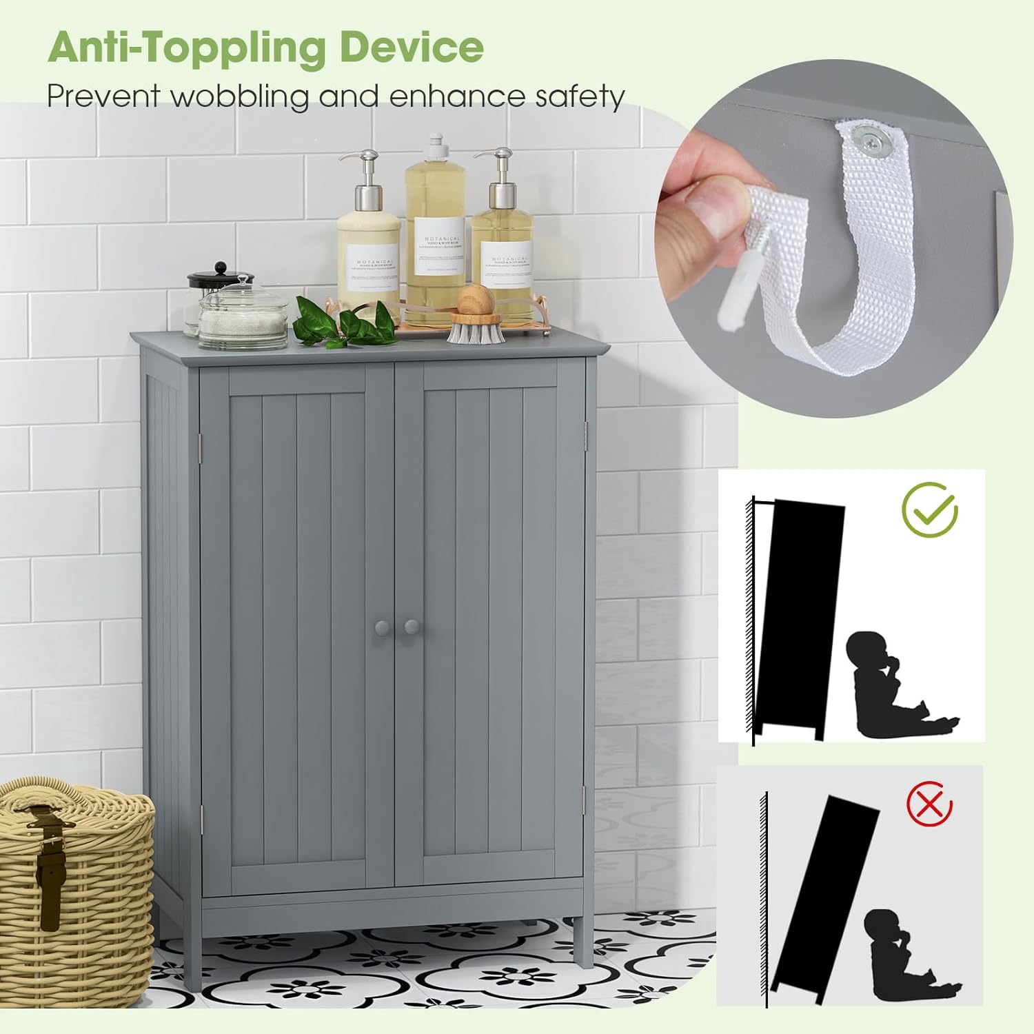 MAT EXPERT Bathroom Storage Cabinet, Bathroom Floor Cabinet w/Doors, Adjustable Shelf & Anti-Tipping Device, Wooden Bathroom Cabinets for Living Room, Kitchen & Entryway (Gray)