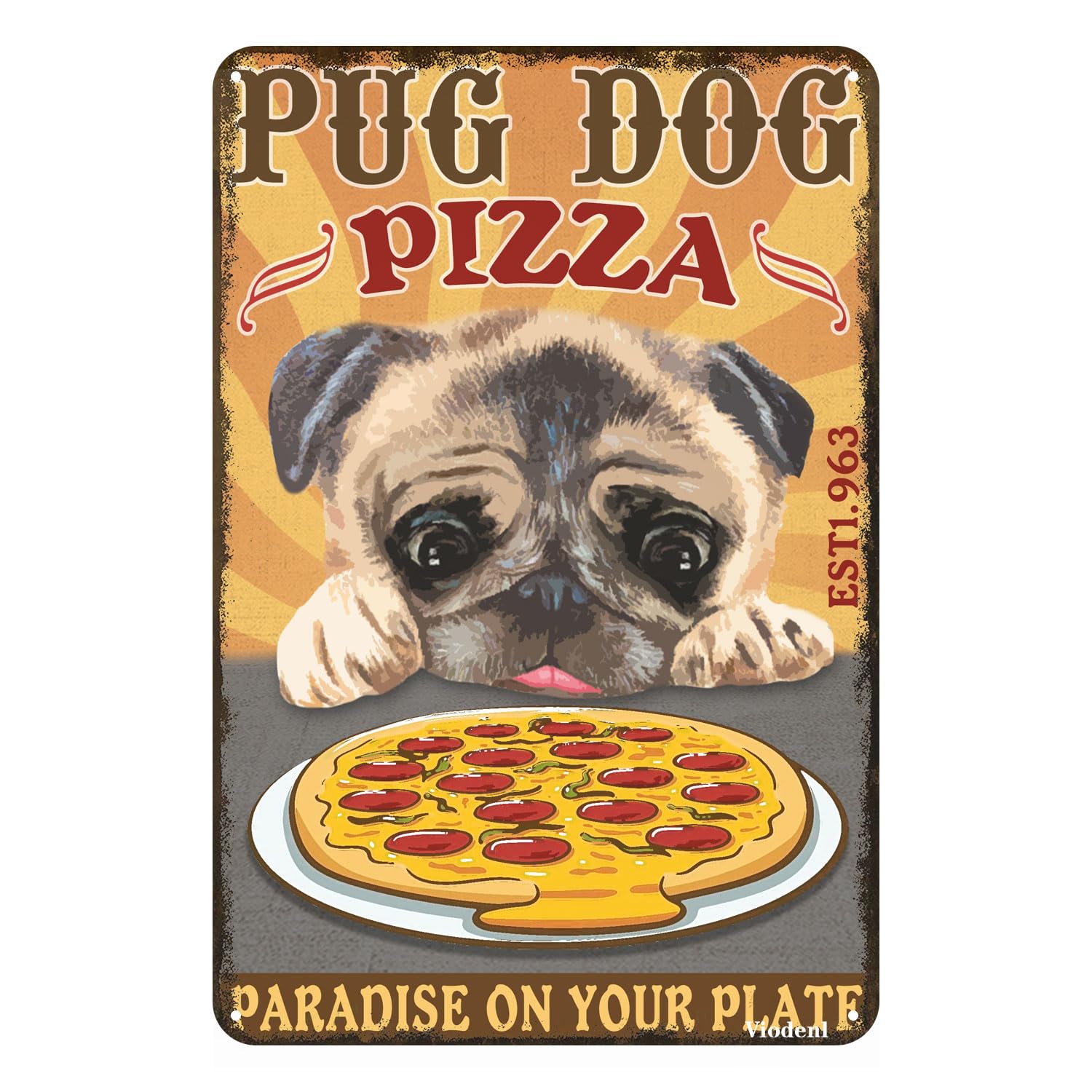 Targa In Metallo Vintage Con Scritta 'Pug Dog Pizza Paradise On Your Plate' - Decorazione Da Parete Rustica 30x20 Cm Per Cucina, Bar, Club - 2