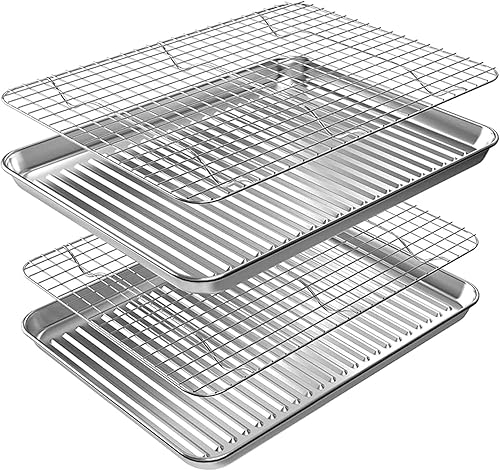 Miniatura 8 de ROTTAY Juego de bandejas para hornear pequeñas con rejilla de alambre [2 bandejas + 2 rejillas], hojas de galletas de acero inoxidable de 1/8
