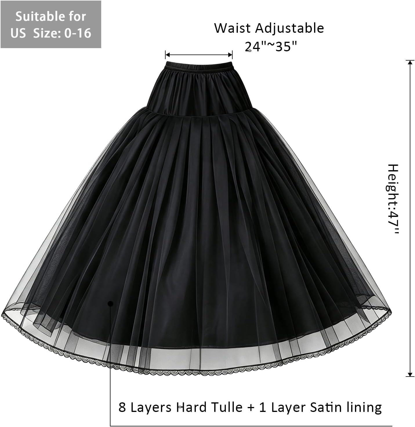 Women's Hoopless Petticoat 8 Layers Tulle Crinoline Underskirt