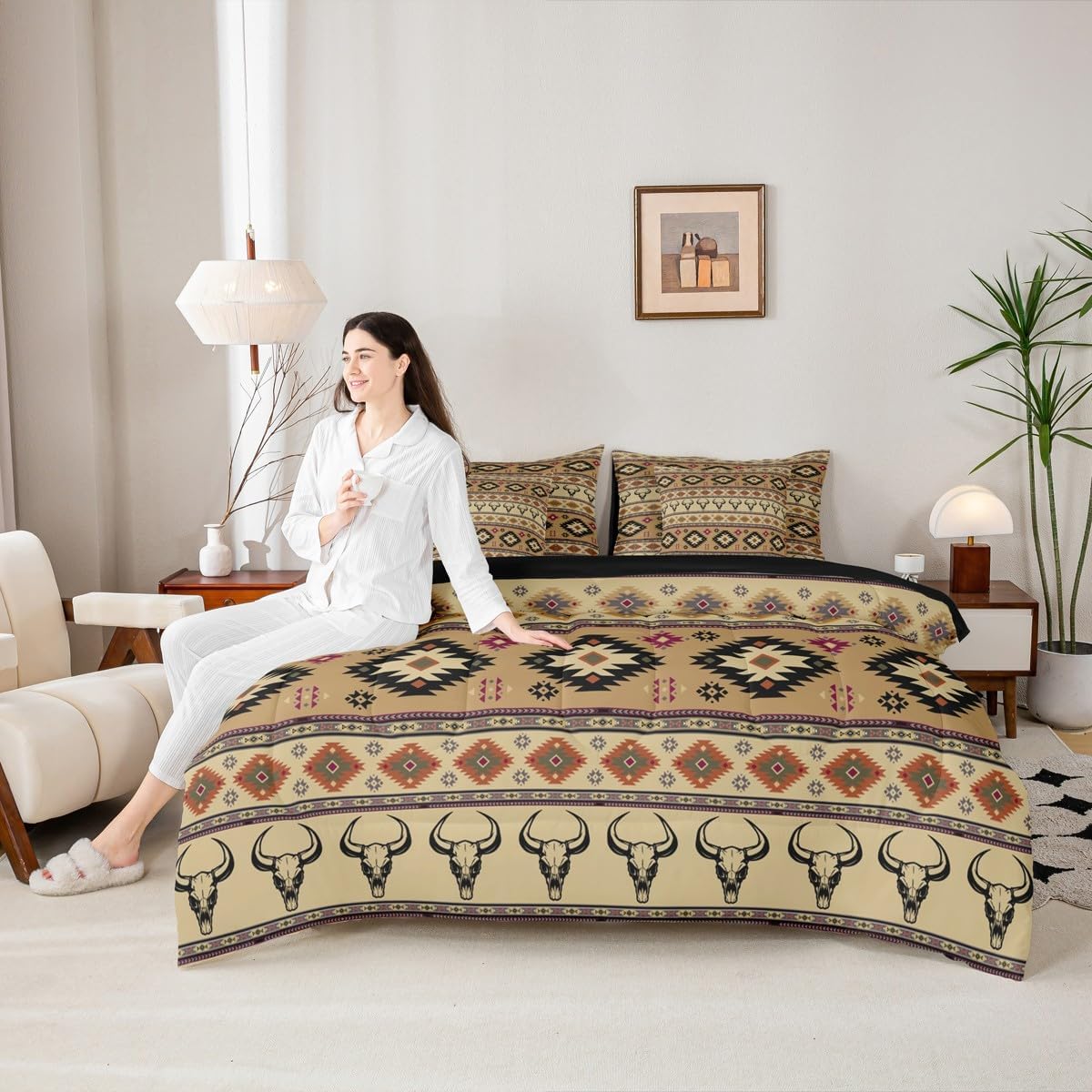 Feelyou Kids Western Bull Skull Comforter Set with Sheets Twin Size, Southwestern Aztec 7 Pieces Bedding Set Men Women Boho Tribal Bed in A Bag Ethnic Bohemian Rustic Country Teens Bed Set 7Pcs