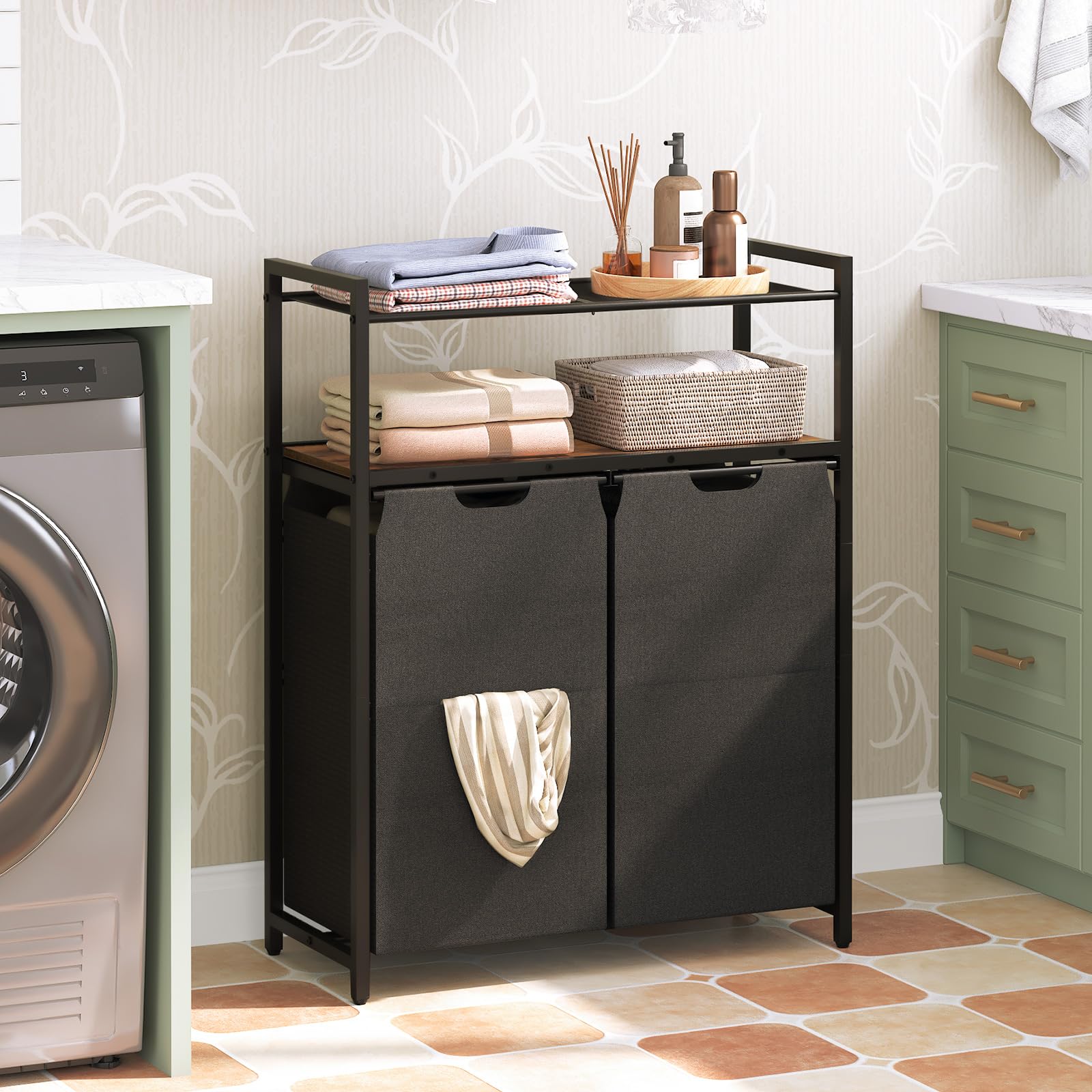 HOOBRO Cesto para Ropa Sucia, Cesto de Ropa, 2 Bolsas Colada de Tela Oxford Extraíble, 2 Estantes, 2 x 49,5 L, para Lavadero, Cuarto de Baño, Marrón Rústico y Negro EBF73XY01