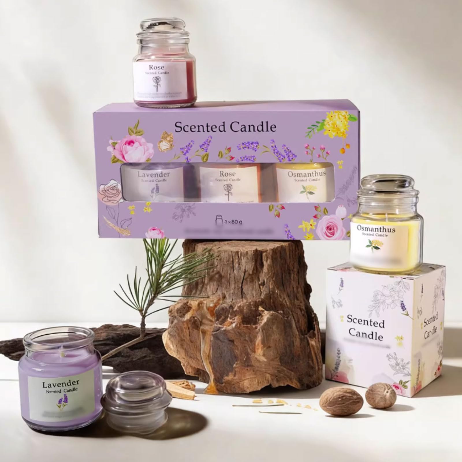 Set di 3 candele in vetro alla lavanda, rosa e osmanto, moderne candele profumate riutilizzabili for la casa, le vacanze, il relax e la spa