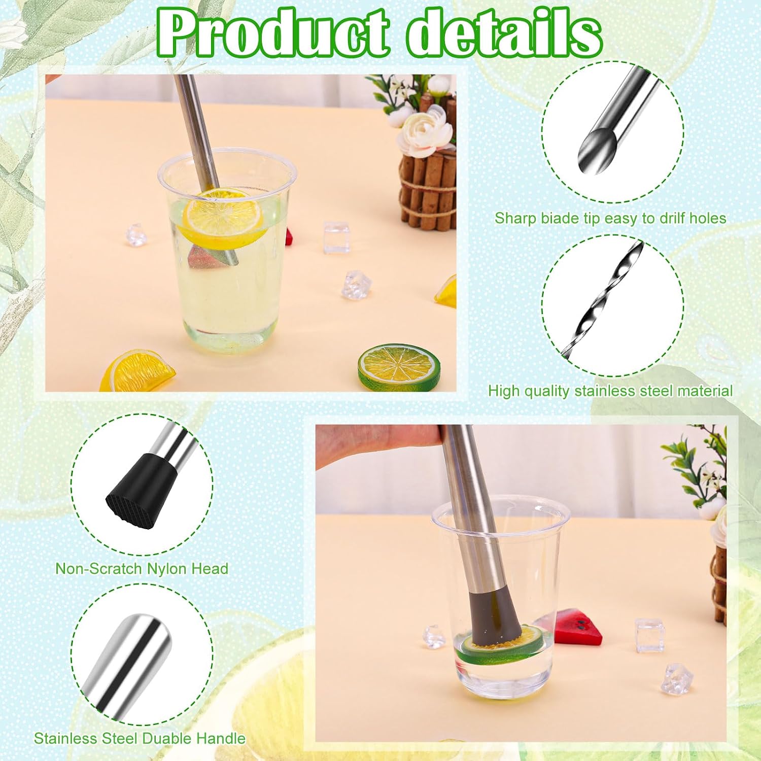 JarThenaAMCS Professional Lemonade Stand Tool Kit Stainless Steel Muddler Puncher Mixing Spoon Brush for Beverage Home Bar Lemonade Stand Supplies