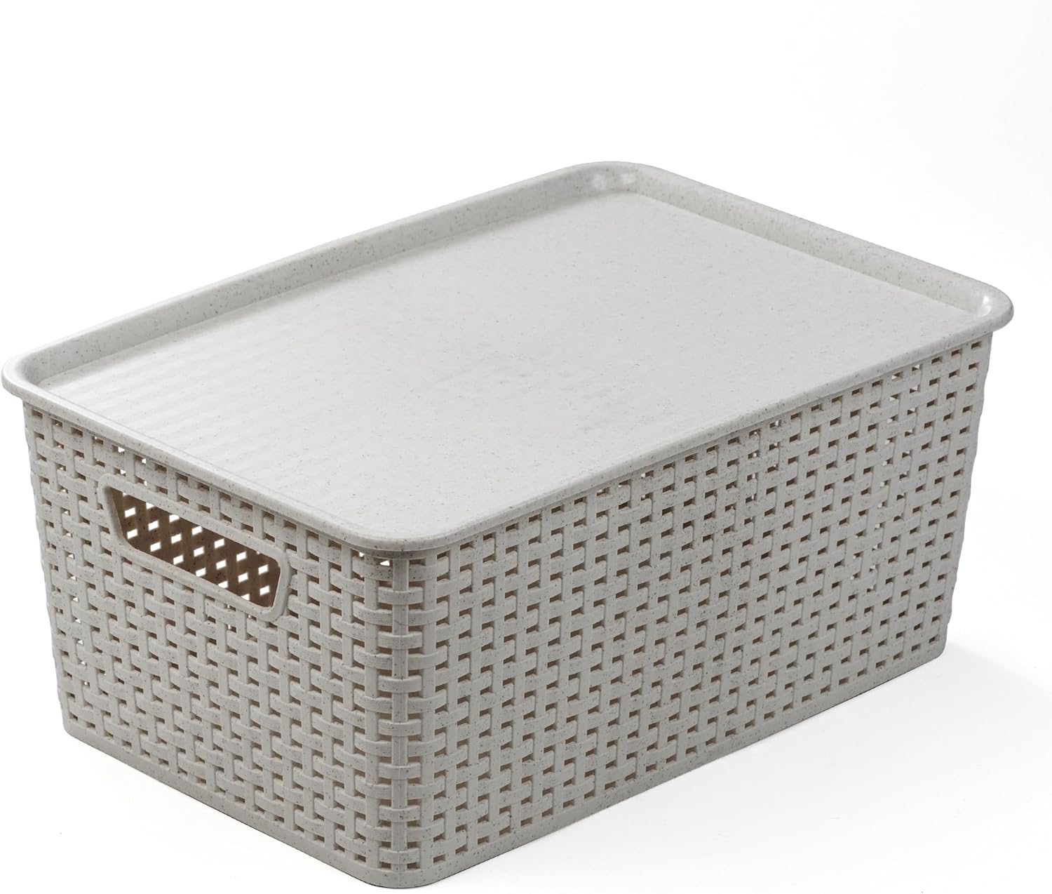 BINO | Plastic Storage Baskets with Lids, 15.5 Liter - 3 Pack, Natural Grey | THE WOVEN COLLECTION | Storage Basket for Shelves | Woven Storage Baskets for Organizing Bins | Pantry Shelf Organizer Bin
