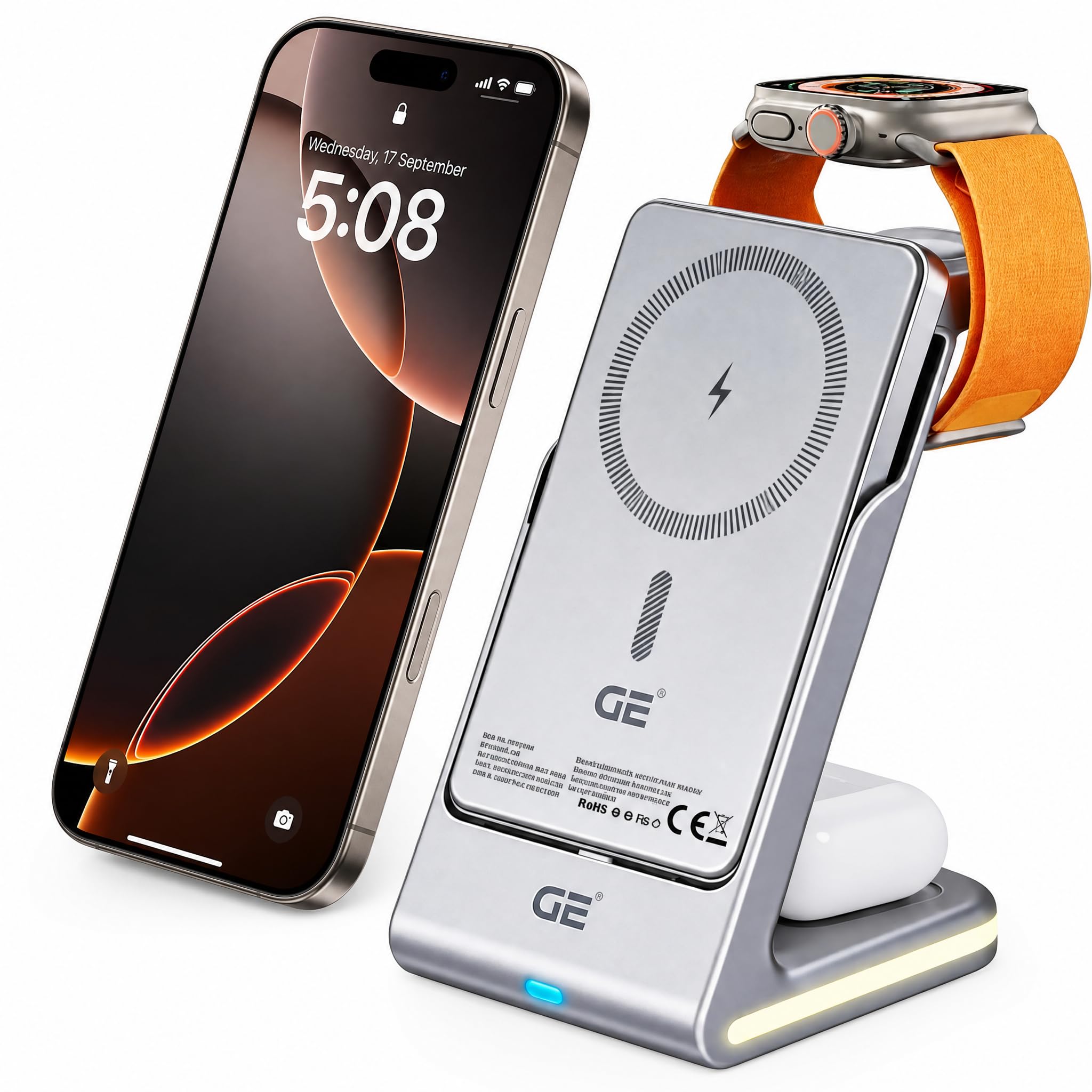 GE 2-in-1 Wireless Charger Dock with 5000mAh Built-in Lithium Battery and Night Light, Compatible with iPhone 12-17 Series, Apple Watch, and AirPods 3rd Gen-image-15
