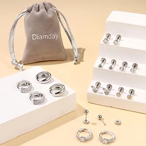 Diamday 8 Parole Titanio Acciaio Piercing Orecchini Set - 20G Cerchio Con Piccola Palla Opale CZ Flatback Trago Cartilagine Sleeper Huggie