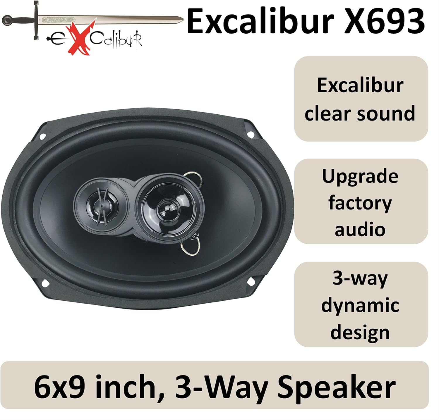 Excalibur X693 Altoparlanti Coassiali Auto 6x9 Pollici 3 Vie con 100W RMS e 500W Max, 4 Ohm, 90dB Sensibilità, Risposta 50Hz–20kHz, 75mm Profondità, Inclusi Griglie e Accessori di Montaggio