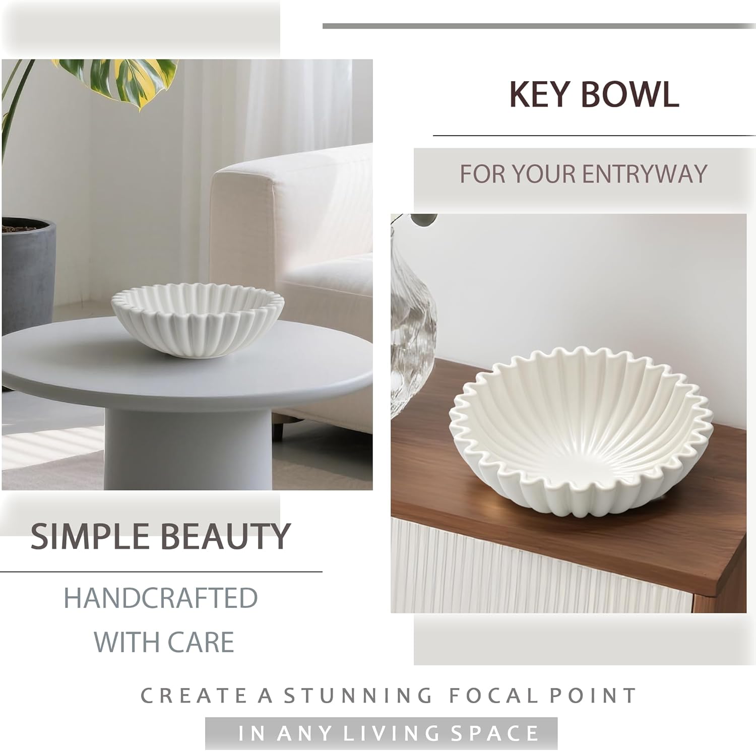 Large Decorative Bowl, White Ceramic Fruit Bowl for Kitchen Counter, Key Bowls for Entryway Table, Modern Coffee Table Home Decor, Scalloped Handmade Artwork