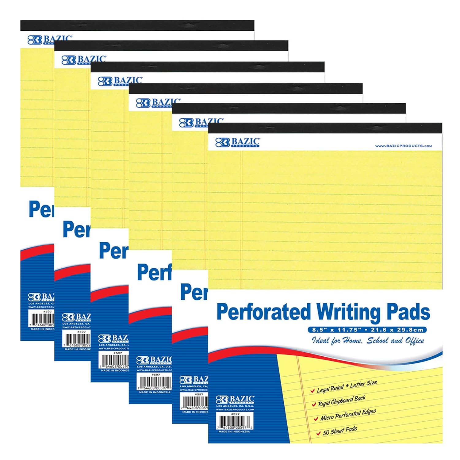 BAZIC Products Perforated Writing Pad, 50 Sheets 8.5"x11.75", Lined Ruled Memo Writing Pads Easy Tear Note Paper for Office School Student, 6-Pack