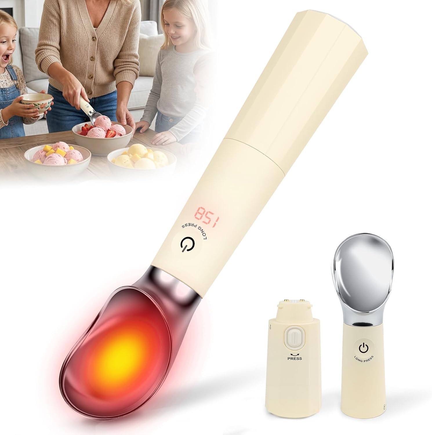 Heated Ice Cream Scoop Rechargeable, Electric Ice Cream Scoop with Removable Battery, 30s Fast Heating to 162°F, 316 Stainless Steel, IP67 Waterproof, Auto Shut-Off for Hard Ice Cream (Yellow)