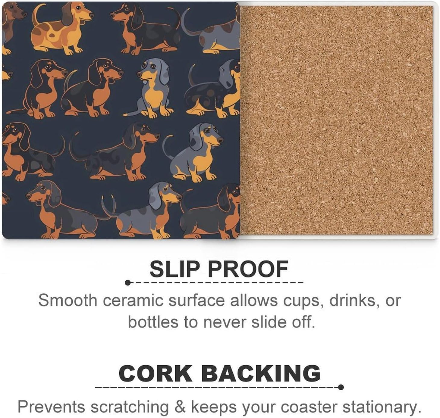 Dachshund Dog Print Blue Coaster for Drinks Square Ceramic Table Coasters Stone Mat Crafts 4PCS Home Kitchen Decor