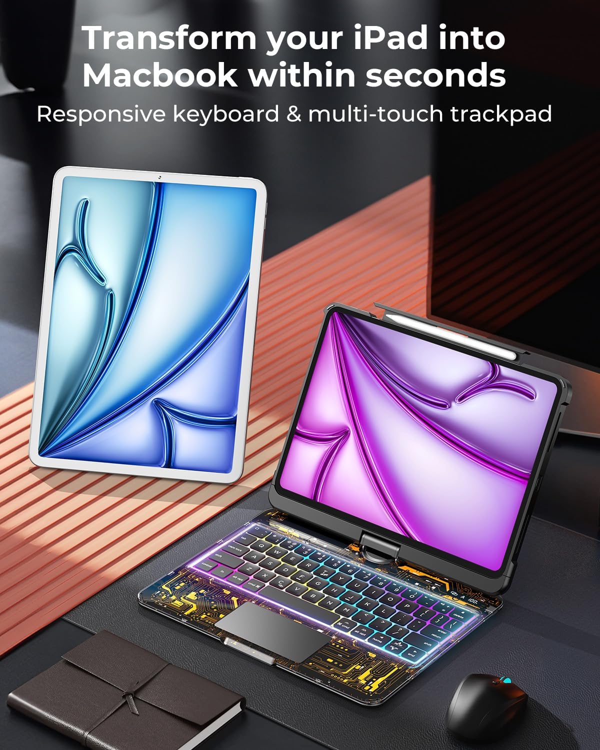 Clear Wireless Keyboard Case for iPad Air 13 Inch (M3/M2, 2025/2024)/ iPad Pro 12.9" (6/5/4/3 Gen) 2018 2020 2021 2022, 7-Color Backlit, Pencil Holder & Multi-Touch Trackpad, 360 Rotatable, Black