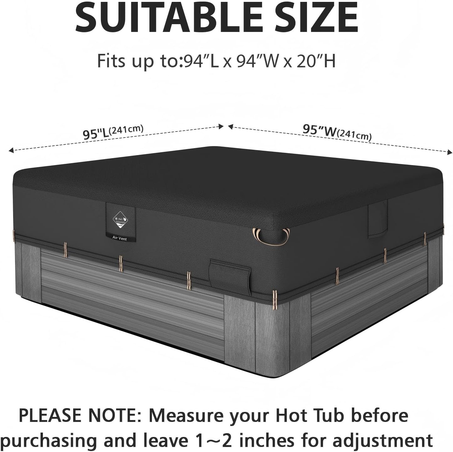 QH.HOME Hot Tub Cover Replacement 95"x 95", Waterproof & Weatherproof 600D Polyester Spa Cover for Hot Tub,UV Resistant, Windproof with Ratchet Tie-Down System, Fits 94 x 94 Square