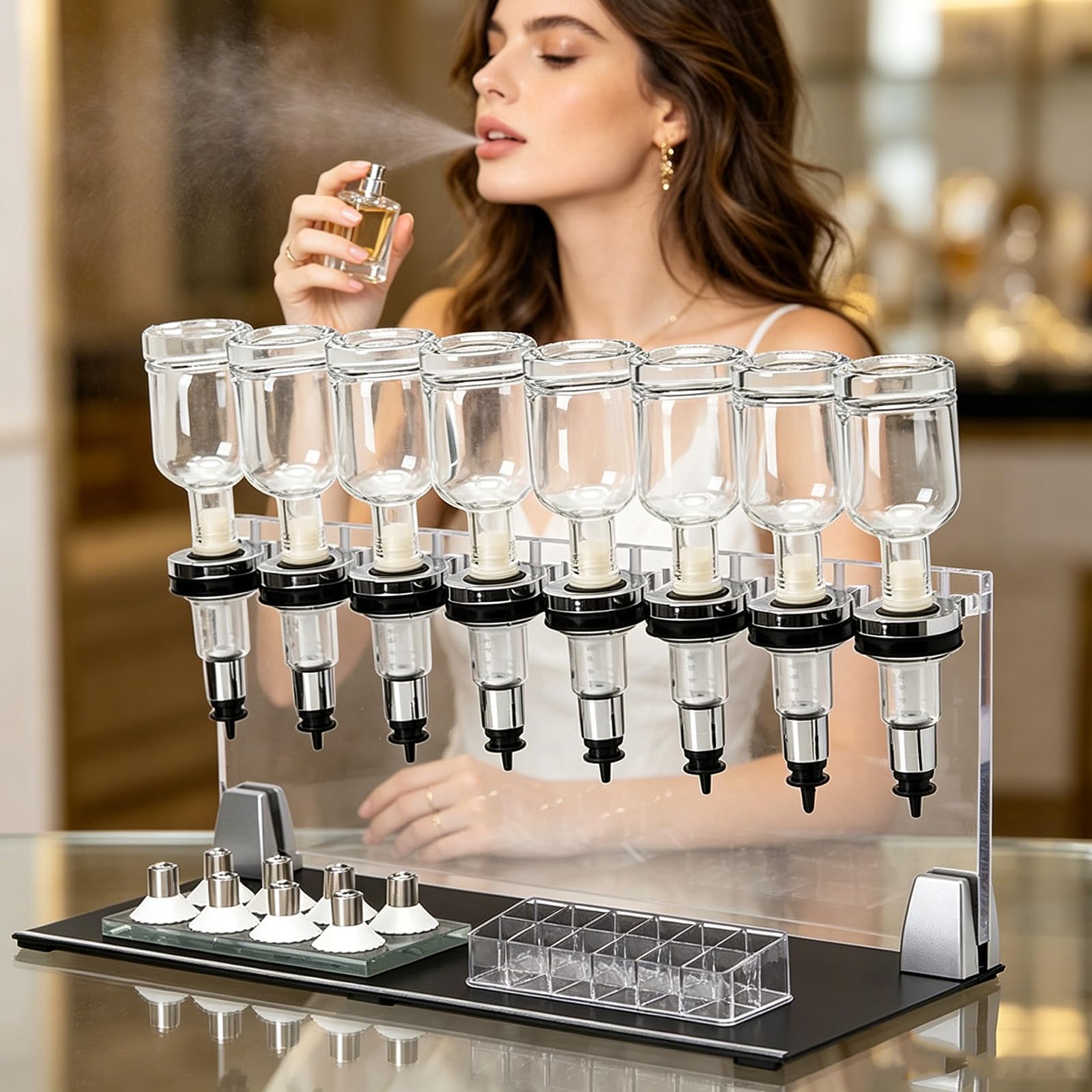Máquina De Llenado Manual De Perfumes con Frascos De 200 Ml: Control De Flujo Preciso, Expositor para Probadores De Perfumes, Vasos De Prueba Incluidos. Ideal para Tiendas, Bares 8heads