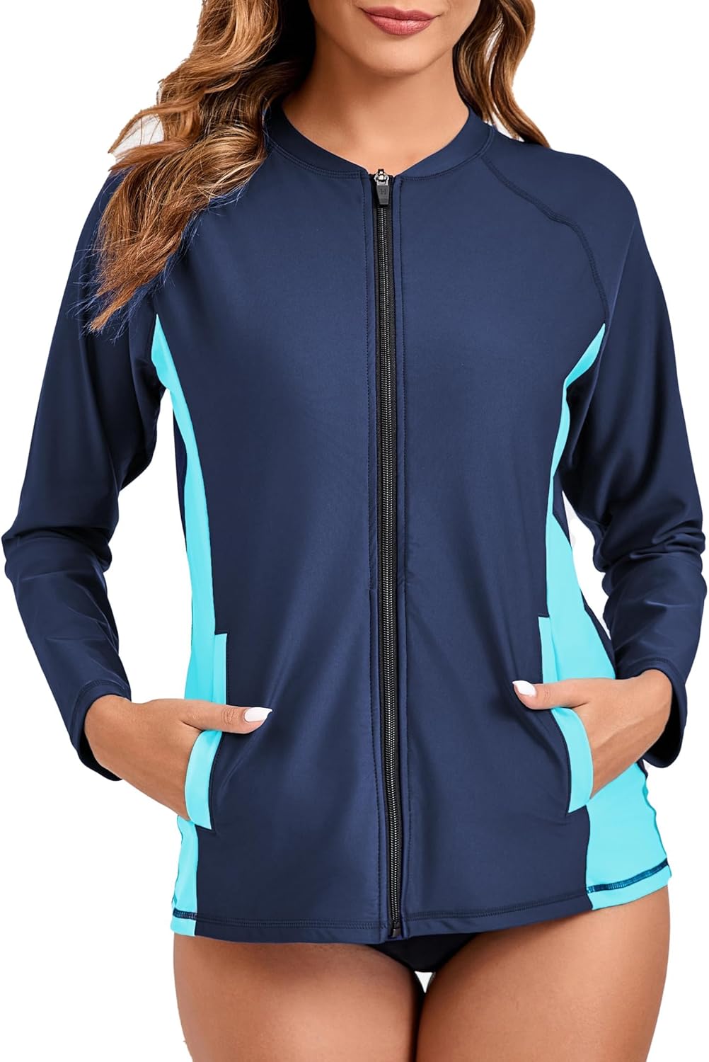 Halcurt Women's Full Zip Long Sleeve Rash Guard Swim Top with Pockets UPF50+ Quick Dry Swimsuit
