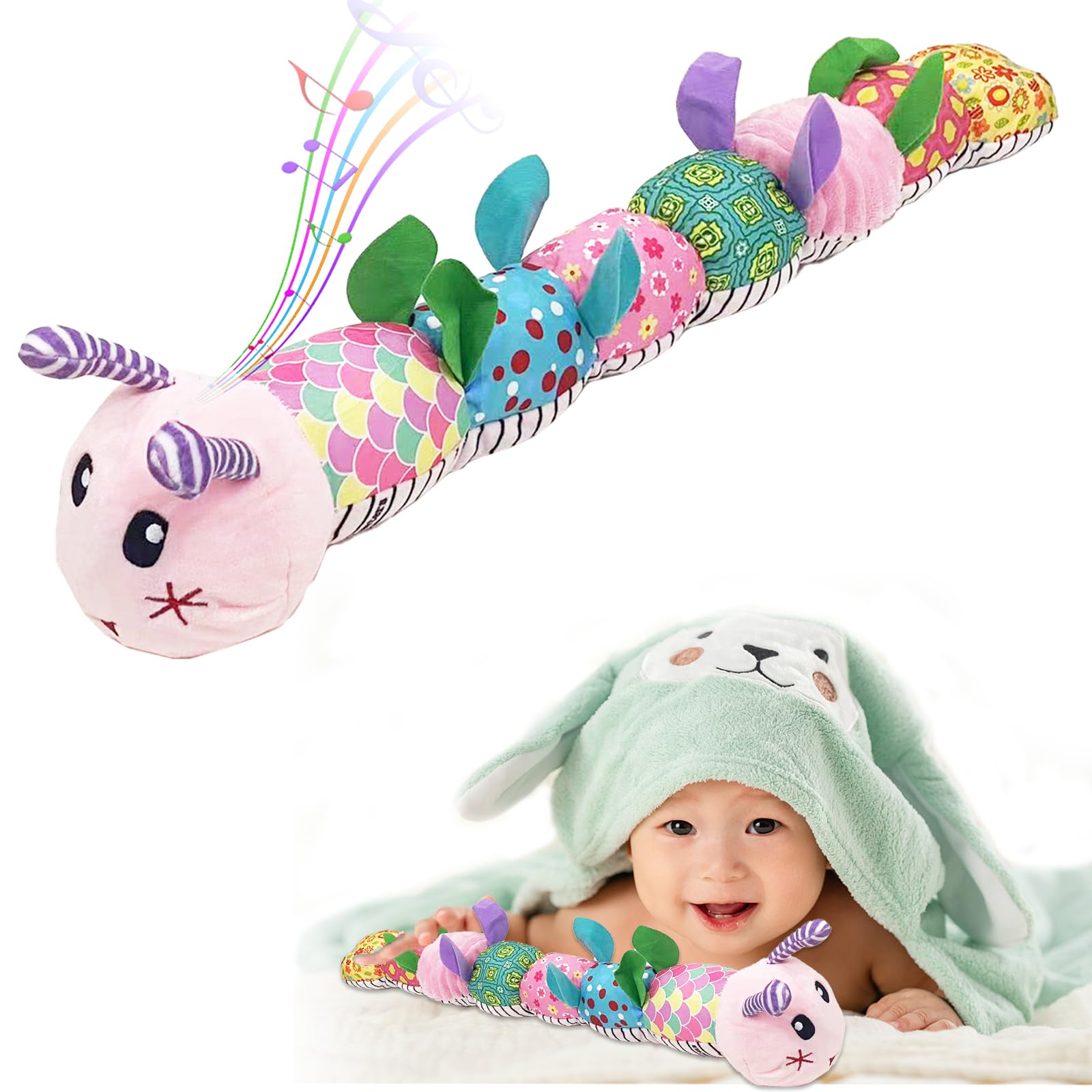 Newborn Baby Toys with Music, Baby Sensory Toys 0-12 Months Caterpillar Stuffed Plush Toys with Crinkle,Suitable for Young Babies of Both Sexes to Develop Their Talents