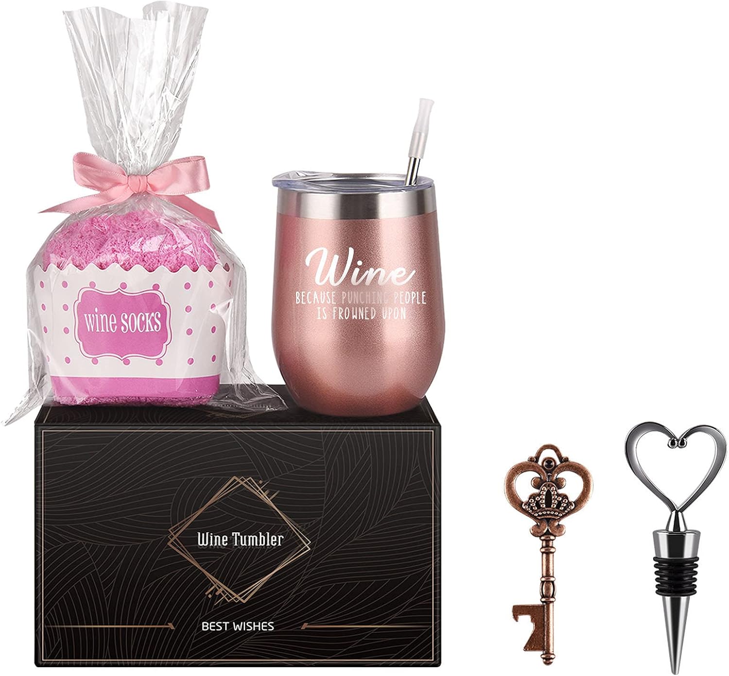 One-Day Sale: Up to 40% Off Gingprous Funny Wine Tumbler Cupcake Wine Socks Gift Set for Women, Funny Birthday Gift for Her, Friend BFF, Mom, Wife, Sister, Aunt, Coworker, 12 Oz Wine Tumbler with Lid, Opener, Stopper, Rose Gold