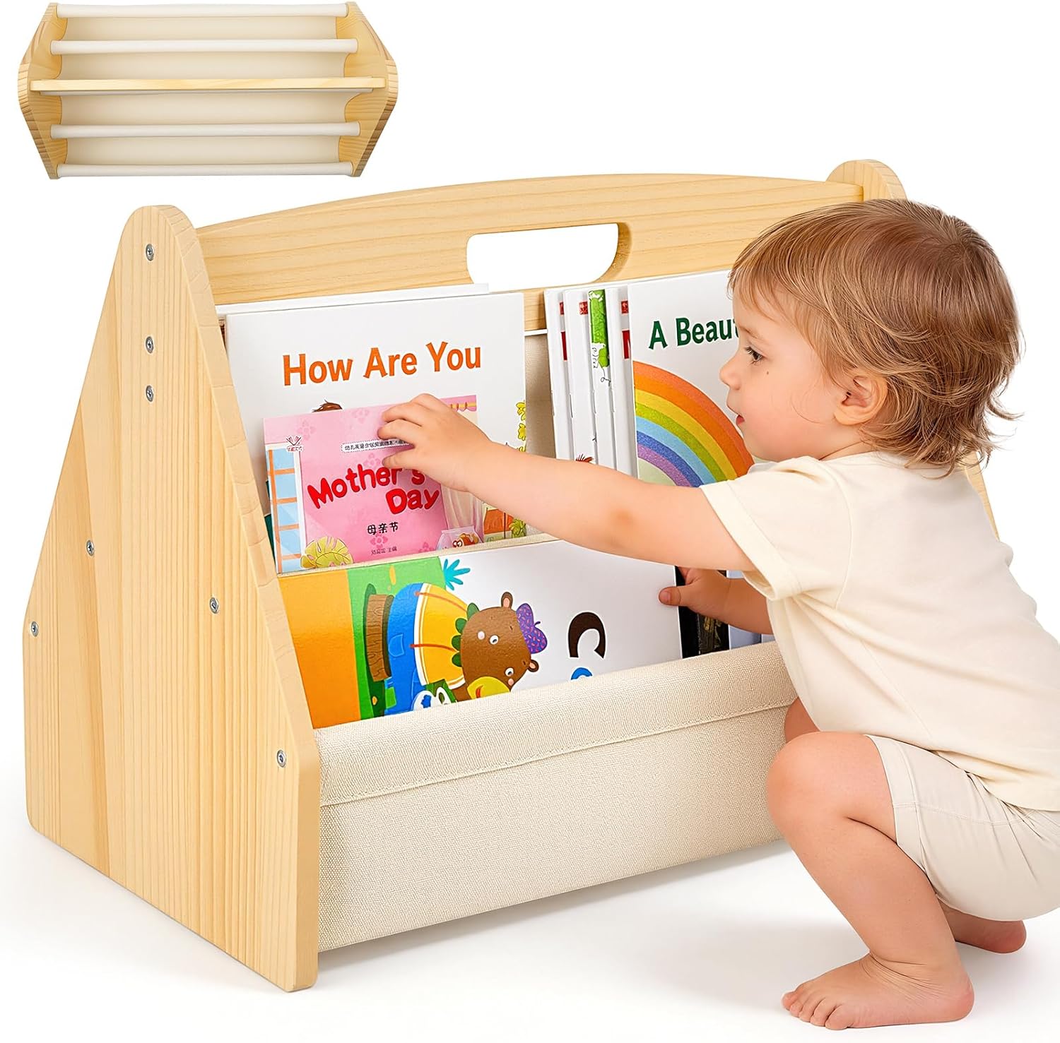 Solid Wood Toddler Bookshelf Double-Sided Montessori Kids Bookshelf for Nursery & Playroom, Baby Book Rack with Portable Handle, 4-Tier Deep Sling Organizer Easy Assembly, Off-White