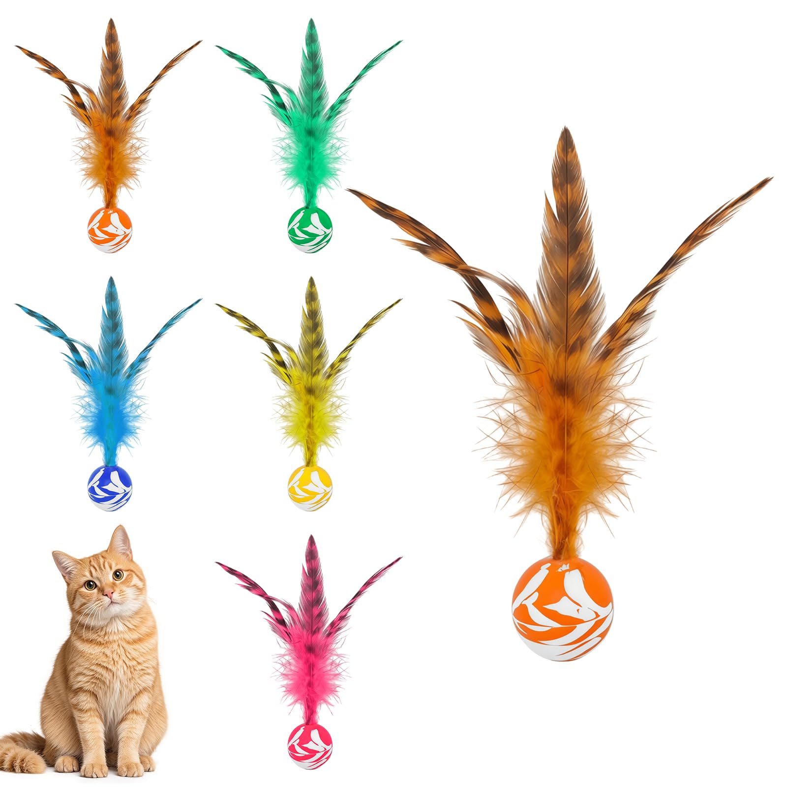AOVNA 6 Pcs Bouncy Balls for Cats Colorful Feather Balls Active Rolling Ball for Pet Party Favors Tails Toys Indoors Outdoors