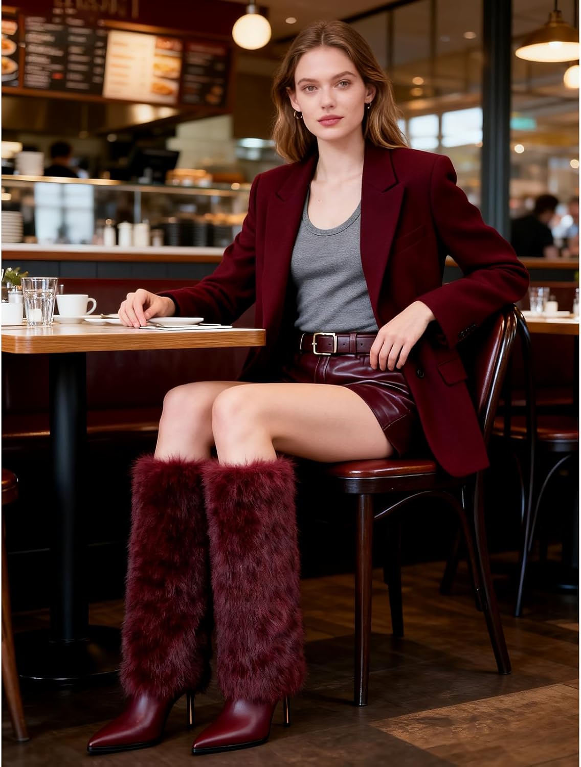 QIV Fur Knee High Boots women Pointed Toe Stiletto Winter Fashion Tall Boot for Women