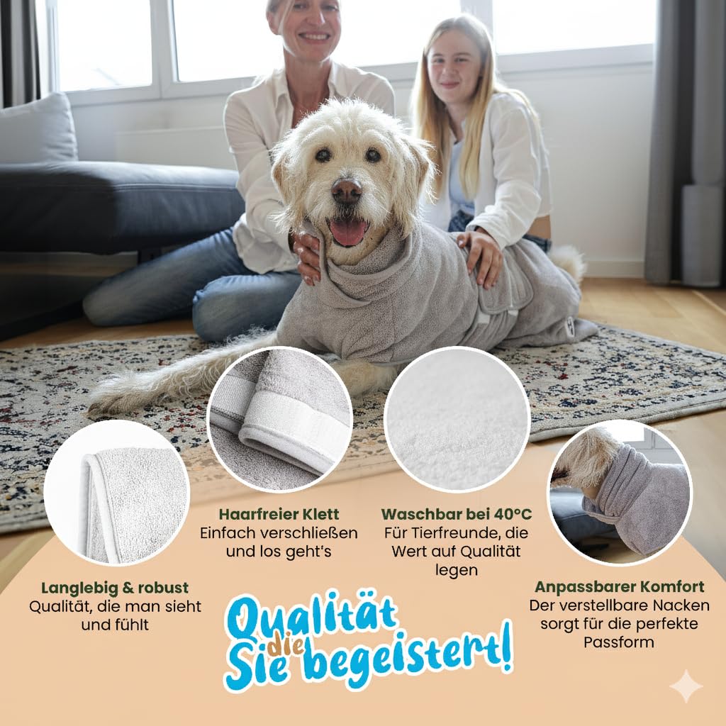 Hundebademantel - Flauschiger Mikrofaser-Mantel Grösse: XL - grau | für trockene, glückliche HundeSaugstark, Maschinen waschbar