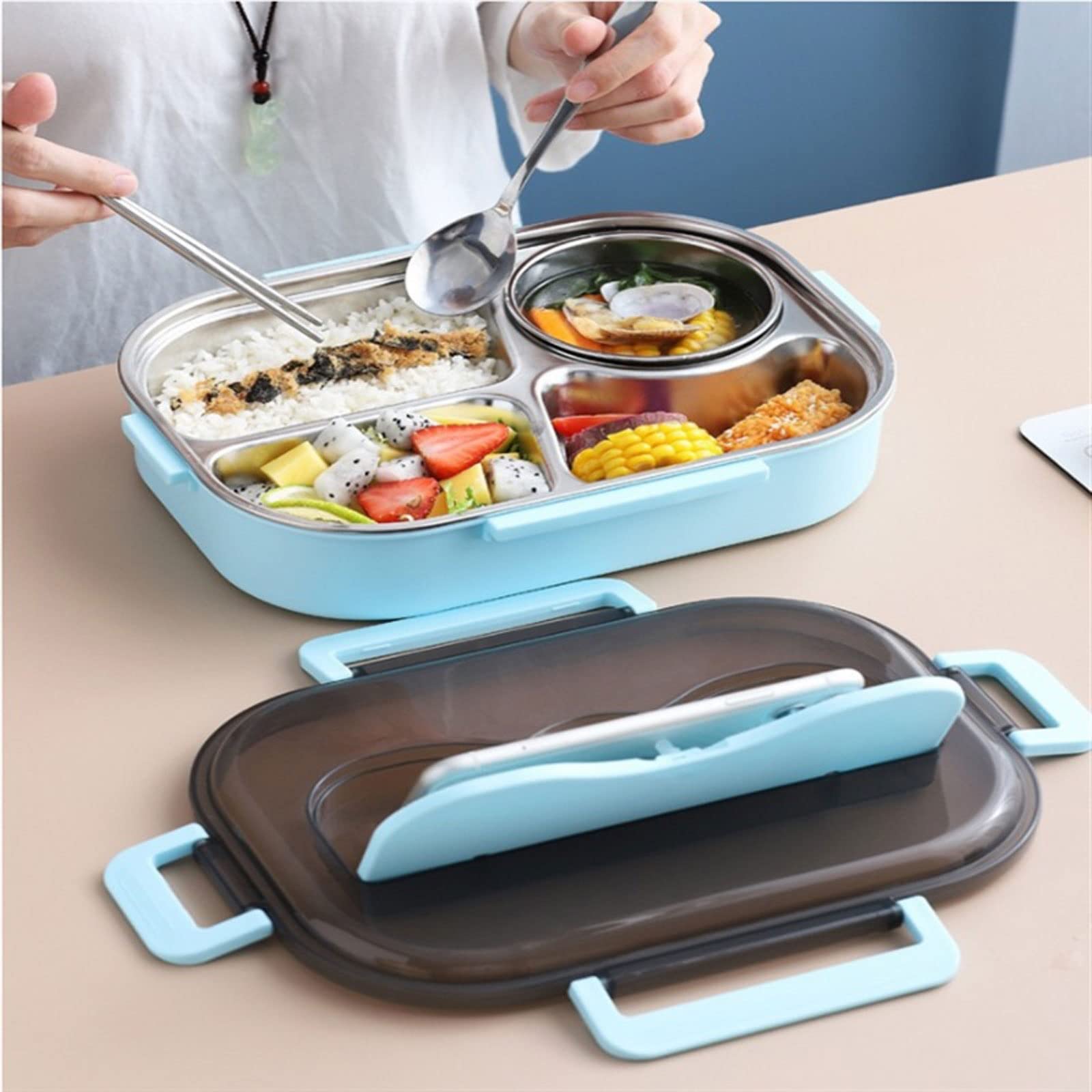 Fiambreras Bento de acero inoxidable 304, fiambrera portátil for picnic, apta for microondas, con compartimentos