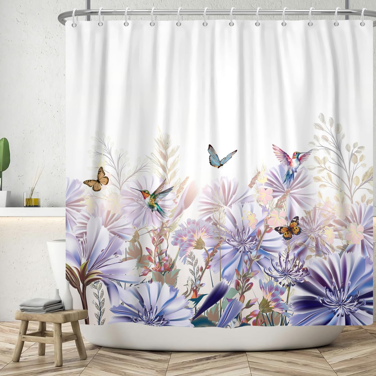 ASDCXZ Flower Shower Curtain 90x180 cm, Spring Purple Flower Leaves Colorful Butterfly Bird White Bath Washable Shower Curtains Polyester Textile Waterproof Bath Curtain for Bathtub with 6 Hooks — image 1