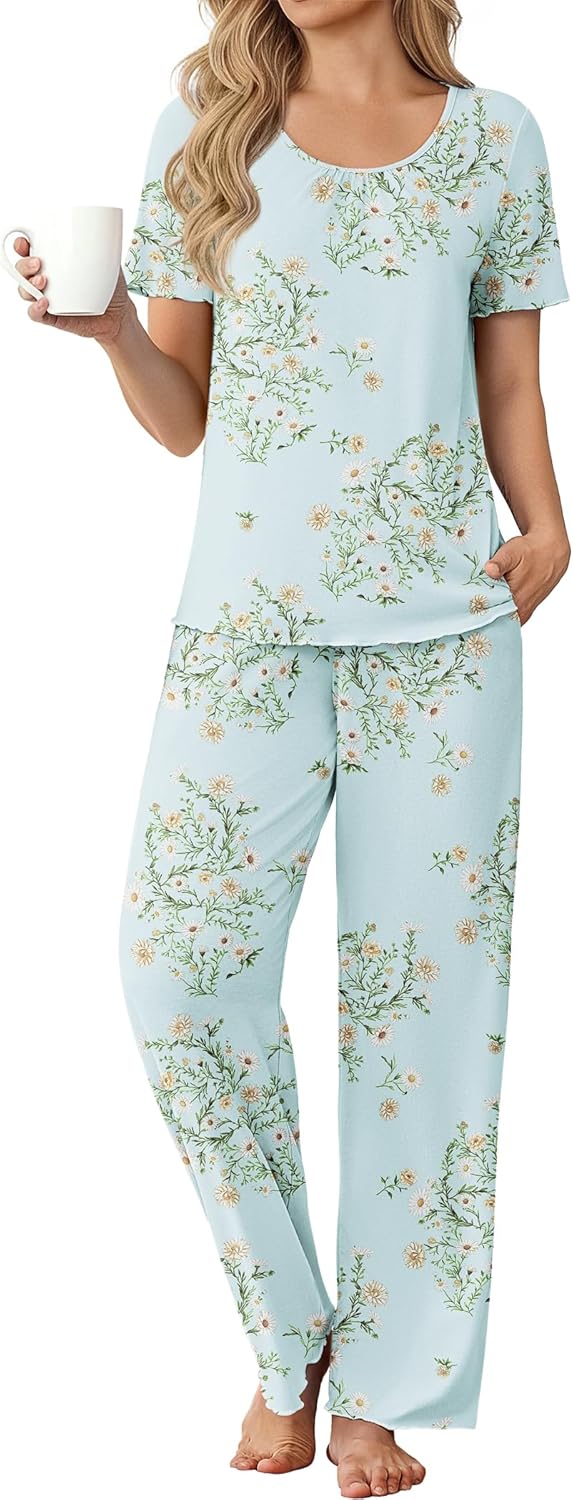 Ekouaer Womens Pajama Sets Viscose from bamboo Lounge Set Soft Pajamas for Women Set Short Sleeve and Long Pants Sleepwear