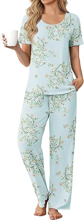 Ekouaer Women's Bamboo Viscose Pajama Set with Short-Sleeve Top and Pants