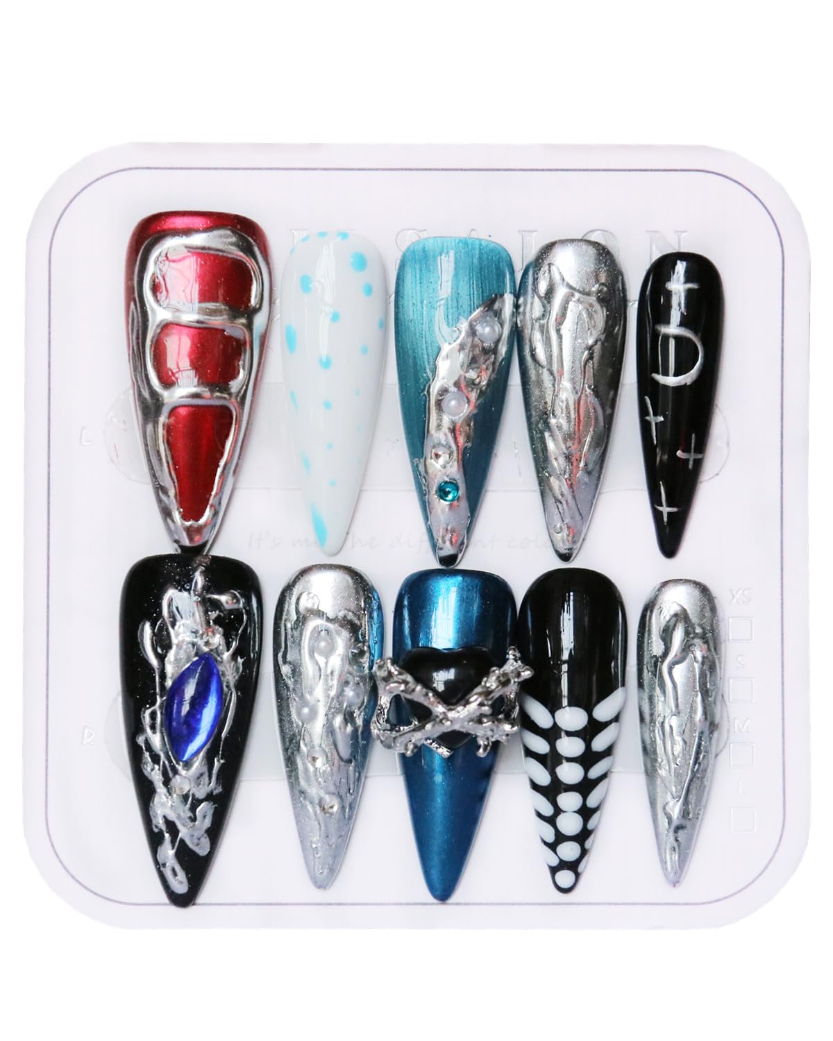CAMILCY Luxury Handmade Press on Nails Long Stiletto Blue Black Silver Chrome Gothic Y2K Fake Nails with Charms Glossy Hand Painted Salon Acrylic Nail