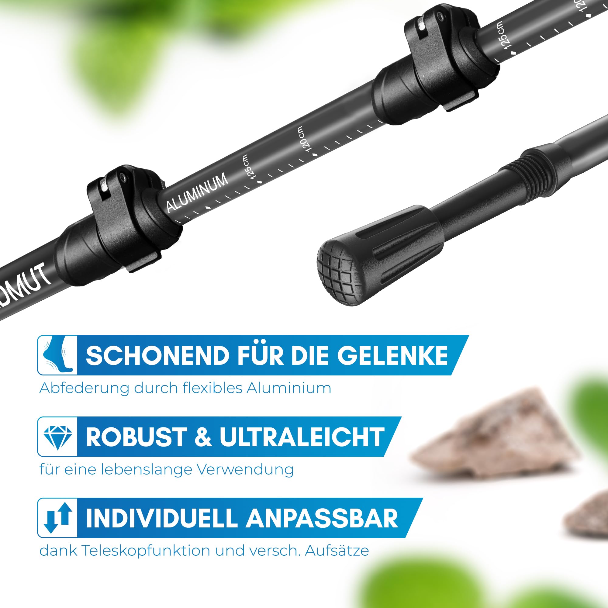 NORDMUT® Wanderstöcke Teleskop aus stabilen Aluminium oder Carbon - Leichte Nordic Walking Stöcke Damen und Herren - Komfortable Korkgriffe mit Eva-Schaum Verlängerung
