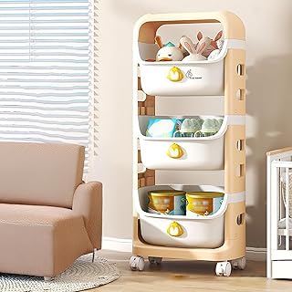 R for Rabbit Polypropylene Kiddo Korner Frosty Organizer for Kids Toys/Books & Baby Clothes Wardrobe,Detachable 3 Level Storage Organiser,Easy Plug N Play Installation & Lockable Wheels(Beige White)