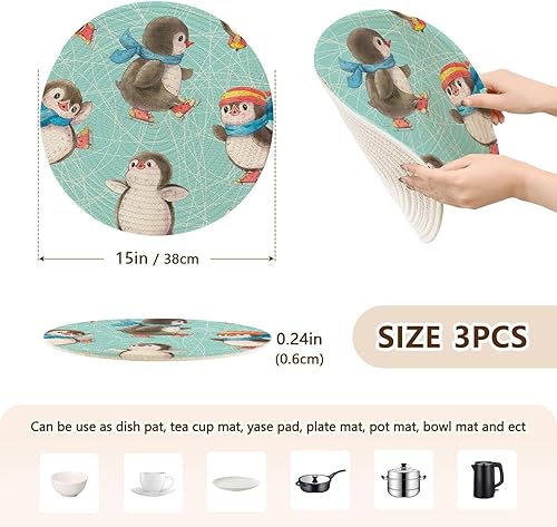 Miniatura 2 de Cute Penguins on Skates Non Slip Trivet 3 Pcs Heat Resistant Pot Mat for Hot Dishes Trivet Mat for Cooking Pot Kitchen Aid 15inch