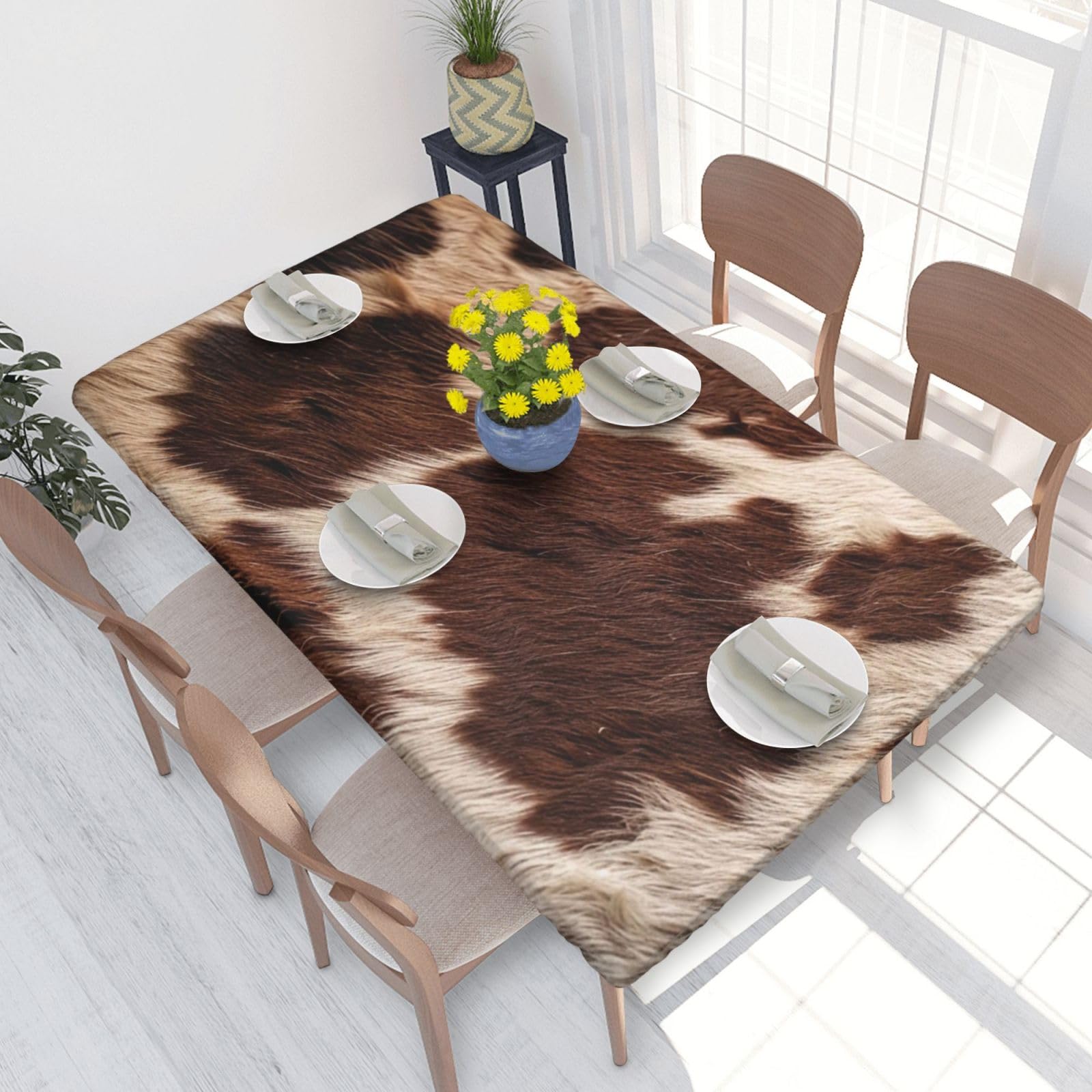 WPKJU Brown Cowhide Printed Tablecloths 4ft Rectangular Table Covers Washable Polyester Decorative Table Cloth for Dining Table Picnic Wedding