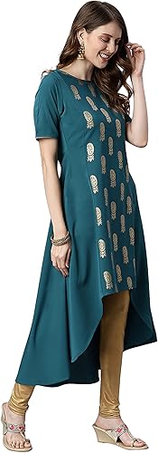 Miniatura 5 de Janasya Kurta de crepé polivinílico verde azulado para mujer india