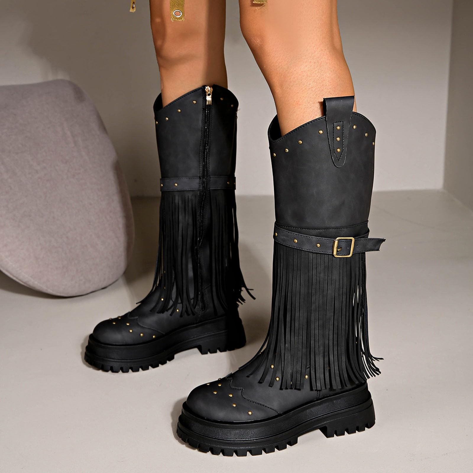 Botas por encima de la rodilla para mujer, botas de caña ancha, botas altas de moda con detalle de flecos, suela de plataforma, cómoda cremallera lateral, botas de otoño/invierno