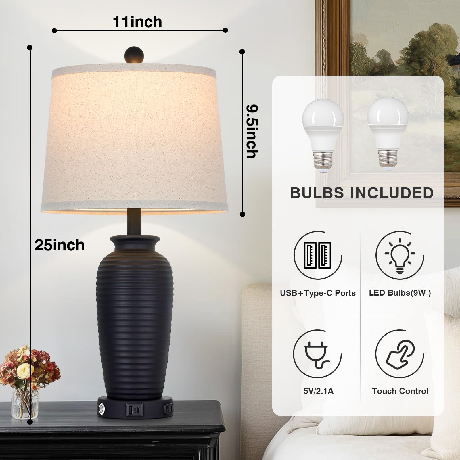 CINSARY 63,5 cm Retro Schwarz Farmhouse Jar Tischlampen Set mit 2 Stück, 3-Wege-Touch-Steuerung, rustikale Nachttischlampen mit USB-A+C-Anschlüssen & AC-Steckdose, Topf-Nachttischlampen für