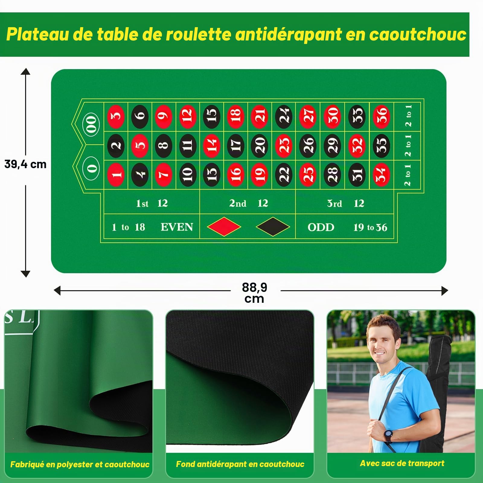 Lunmon L'ensemble de jeu de roulette comprend une roue de roulette en bois massif de 27,9 cm de 119,4 x 61 cm, un tapis de disposition portable en caoutchouc et un tapis de disposition de table 100