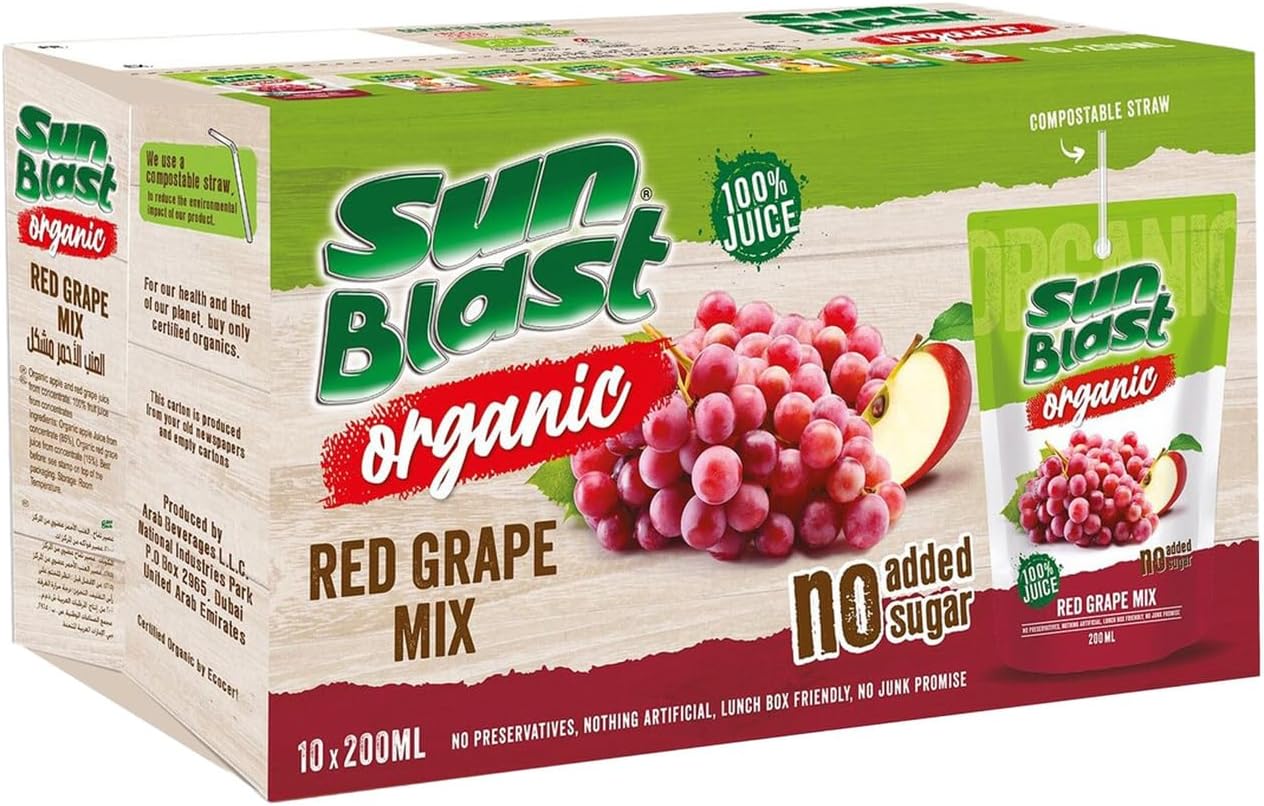 Sun Blast Organic Red Grape Mix Juice No Added Sugar, 10 x 200 ml