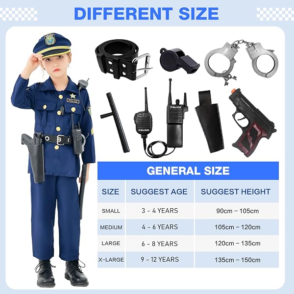 Udekit Costume de Policier de Luxe avec Talkie-walkie, Sifflet, Bâton et Autres Accessoires de Police pour Tenues de Cosplay de Flic - 5