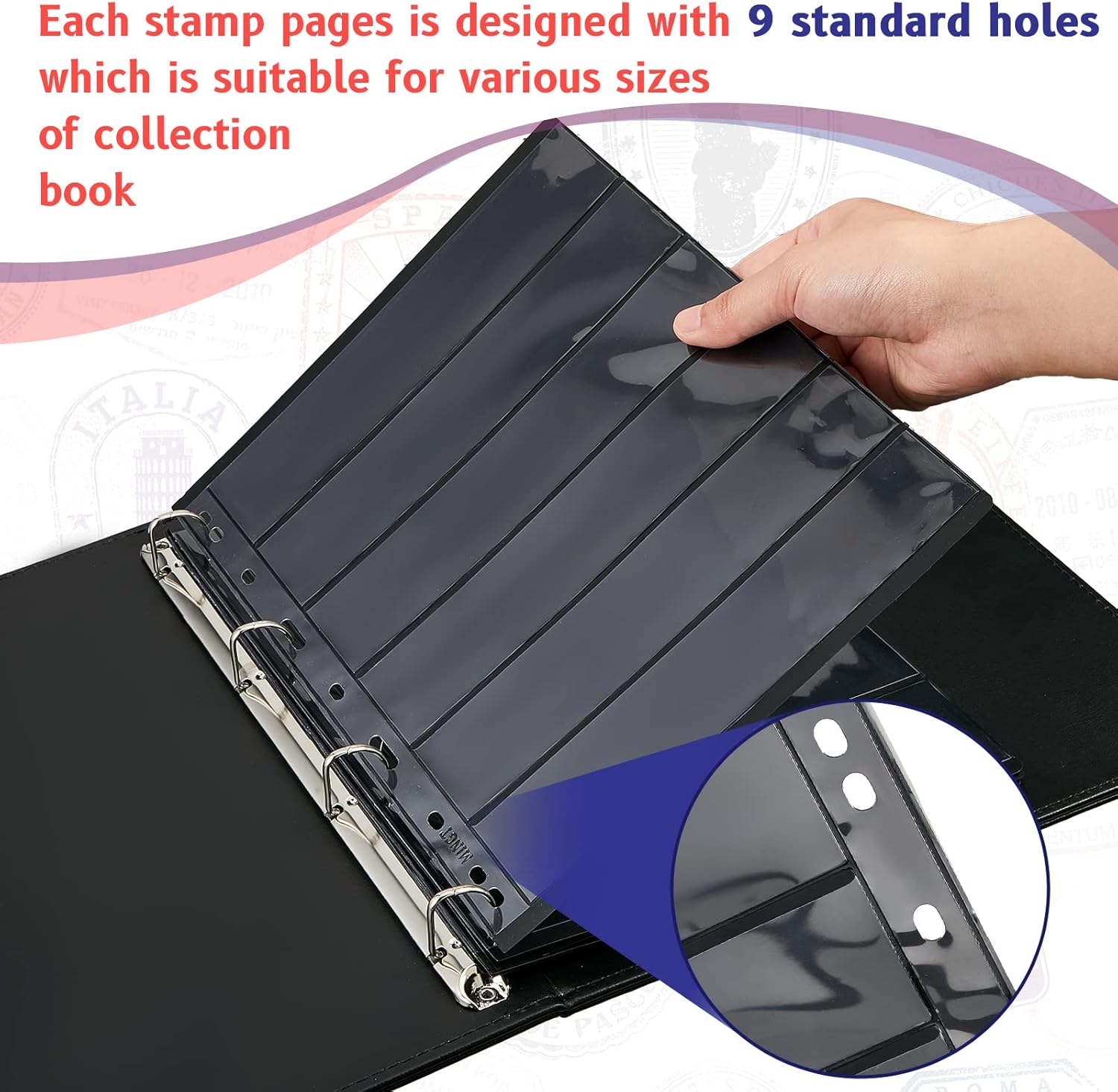 40 Sheets 80 Page Stamp Pages Collector Album Page 9 Hole Standard Stamp Collecting Album Sleeves for Collection Binder(4/5/6/7 Rows)
